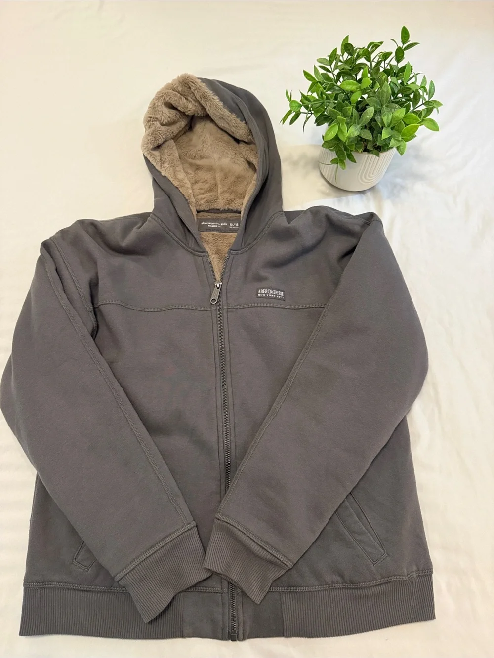 Abercrombie Kids Gray Zip-Up Hoodie with Tan Sherpa Lining